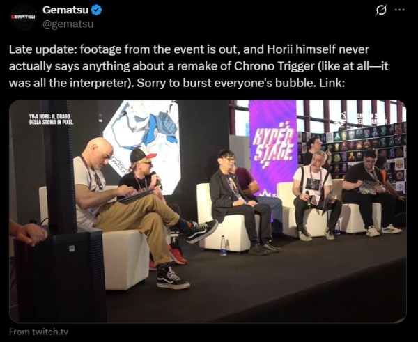
                Игровые СМИ передали, что создатель Chrono Trigger объявил о разработке ремейка культовой JRPG. Оказалось, он не говорил ничего подобного
            