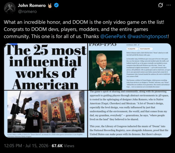 
                DOOM назвали в числе 25 самых влиятельных культурных достижений Америки
            