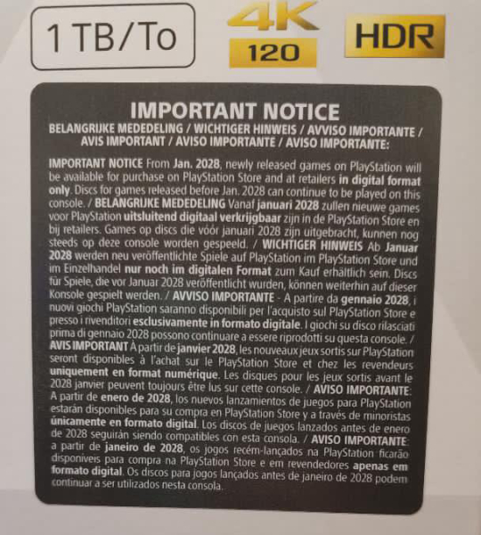 Sony стала печатать предупреждения о скором отказе от дисков на коробках PS5 с дисковым приводом
Sony стала печатать предупреждения о скором отказе от дисков на коробках PS5 с дисковым приводом